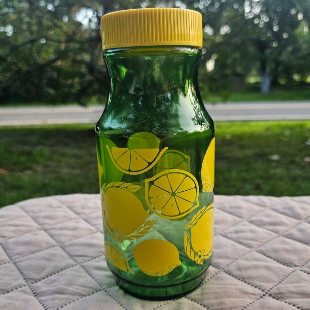 Vintage Anchor Hocking  Green Yellow Lemons Lemonade Juice Jar Glass  Container
